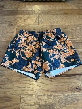 Topman Navy and Gold Baroque Swim Trunks